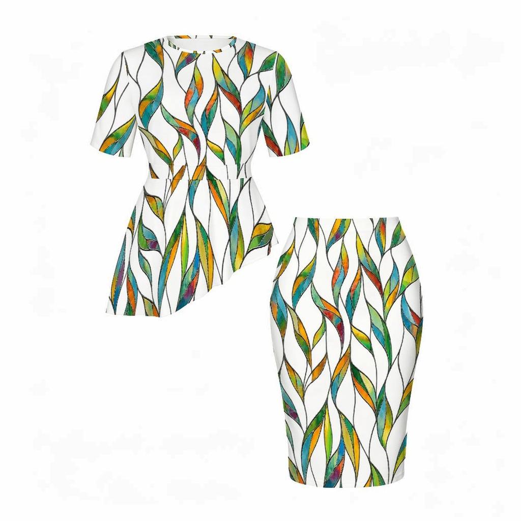 Women Plus Size Tropical Leaf Printed Two Piece Skirt Set Round Neck Short Sleeve Asymmetric Top Fitted Skirt