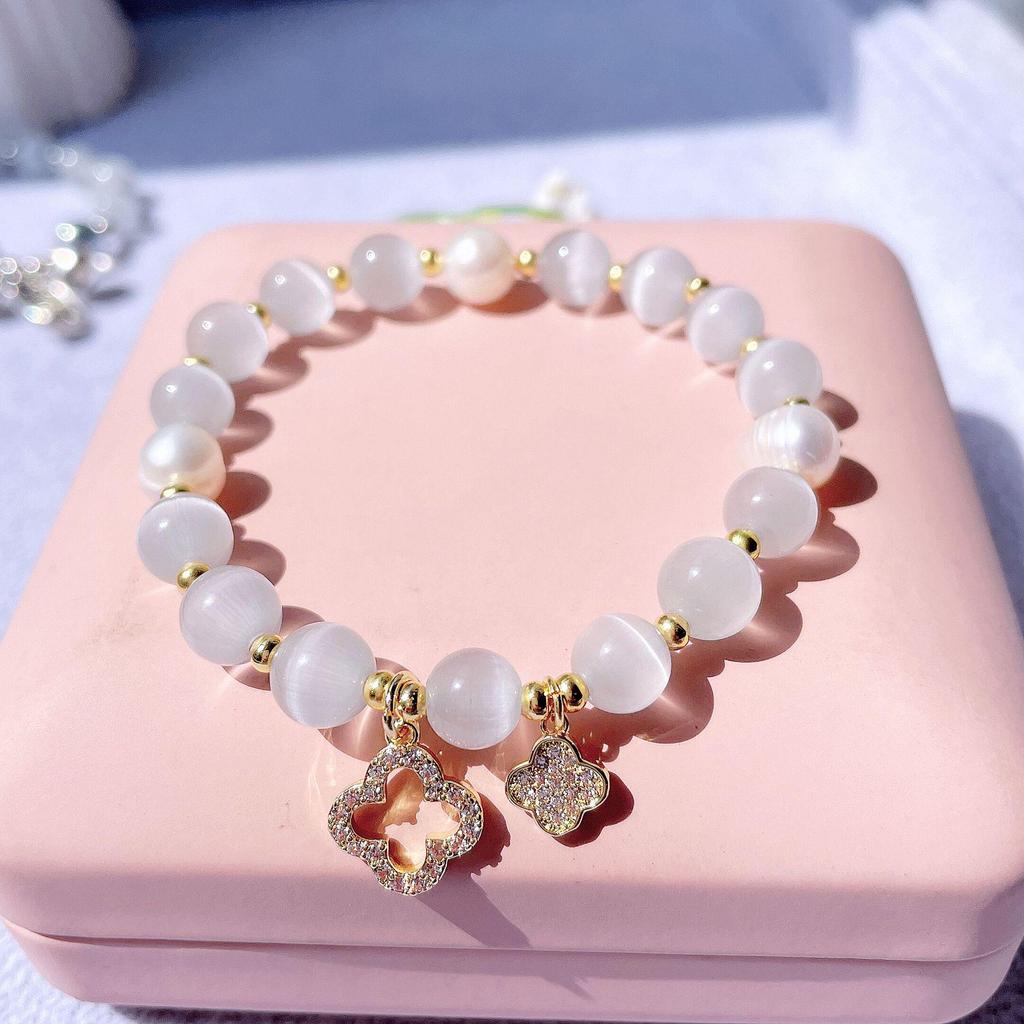 Xiaohongshu Four-Leaf Clover Bracelet with Cat's Eye Stone & Freshwater Pearl