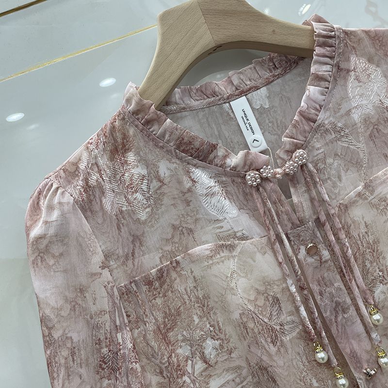 Spring Floral Chiffon Shirt Women Loose Fit Fashion Slimming Printed Lace Collar Blouse