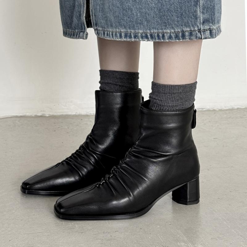 Fashion 2025 Winter Women Shoes Genuine Leather Women Boots Mid-calf Modern Boots Women Solid Med Heel Boots Ladies Shoes Pleated