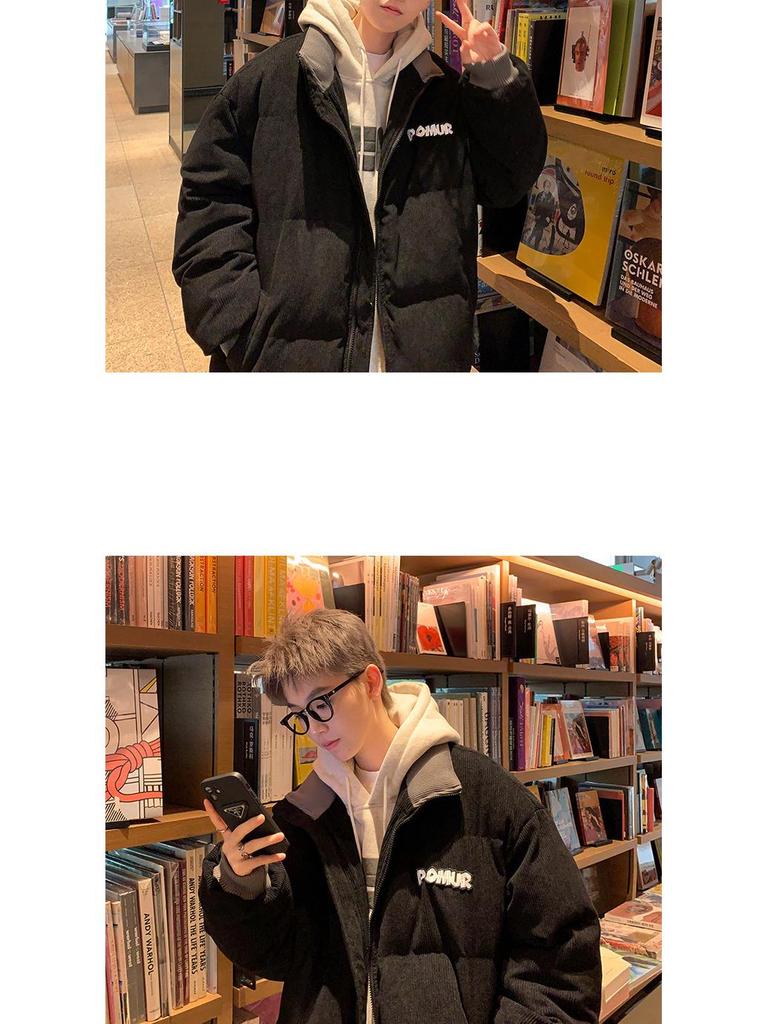 Men's Retro Corduroy Stand Collar Jacket, Autumn/Winter, Thickened with Letter Patch, Color Melange, Cotton Padded Outerwear.