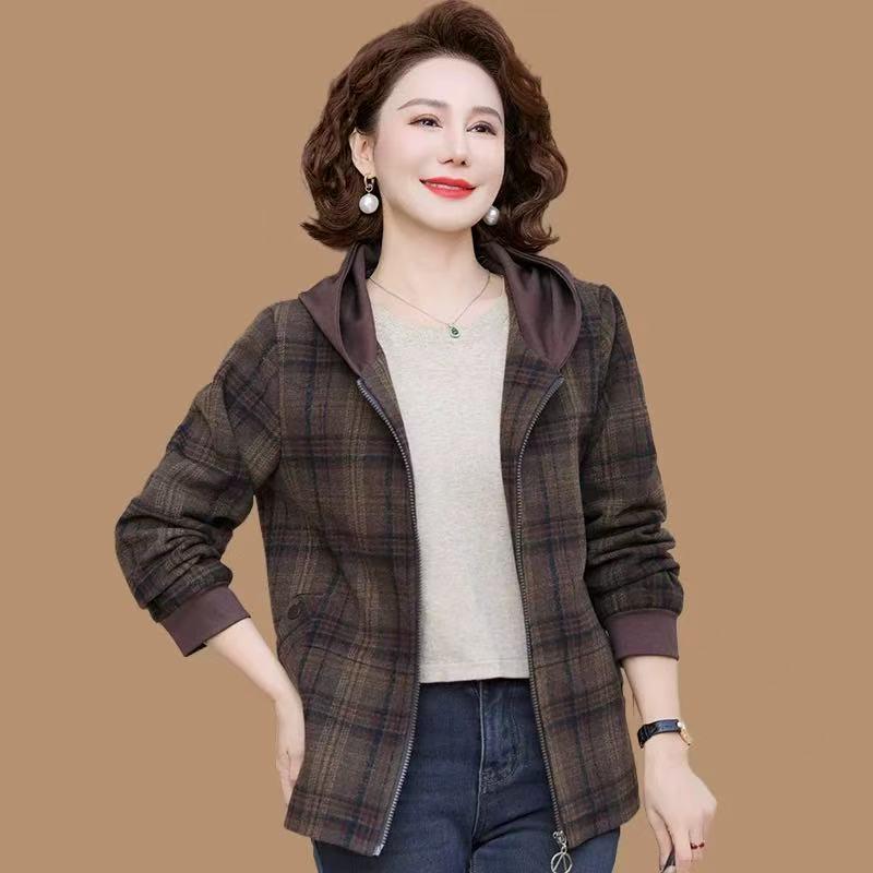 

Стильная весенняя клетчатая куртка для женщин среднего возраста: Повседневная мода для возраста 40-50 лет 4XL (recommended 130-140 jin)