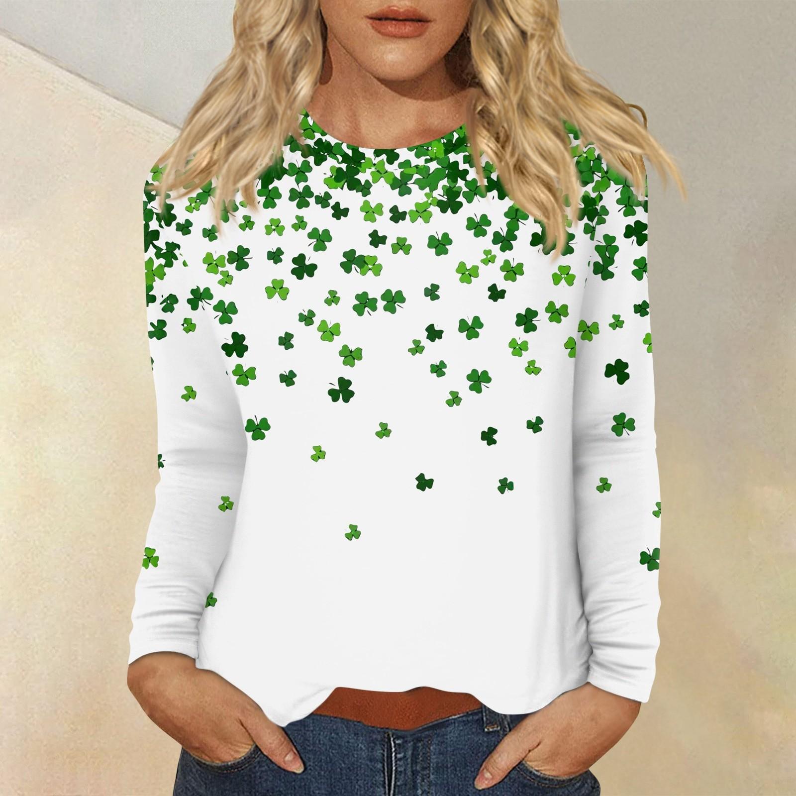 

Жіночі повсякденні кежуали з довгим рукавом St. Топ з круглим вирізом і принтом до Дня Святого Патрика XL білий