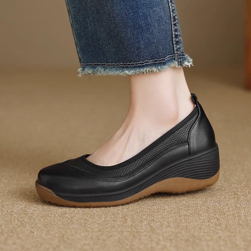 thick-soled wedge single shoes women's spring light soft-soled leather shallow mouth casual leather shoes