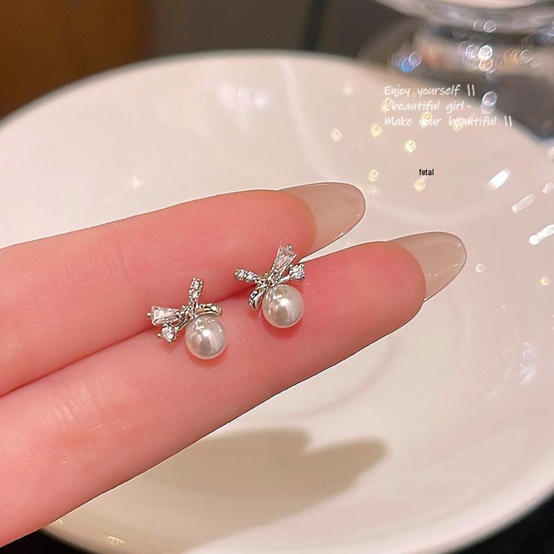 2025 Trendy Korean Micro-Inlaid Zircon Bow Earrings with S925 Silver Needle and Pearl for Women