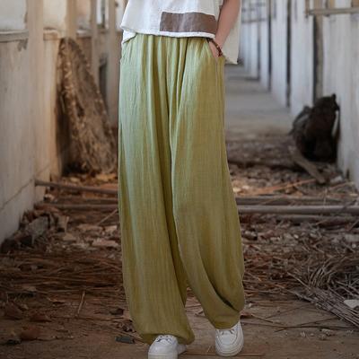Women Vintage Blend Bloomers Pants Solid Color Spring Elastic Waist Pockets Casual Loose Women Pants