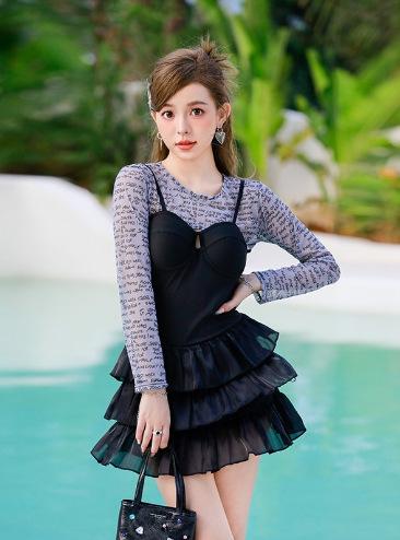 Swimsuit women s one-piece slim belly conservative long-sleeved blouse two-piece sexy hot spring swimsuit M чёрный