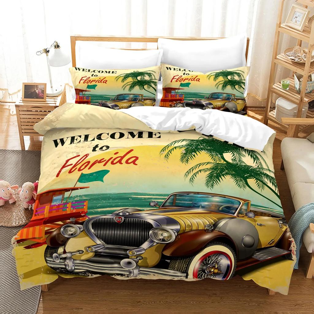 Cars Duvet Cover Traditional Old Car Race Nostalgic American Car Bedding Set Classic Cars Polyester Quilt Cover for Boys Teens