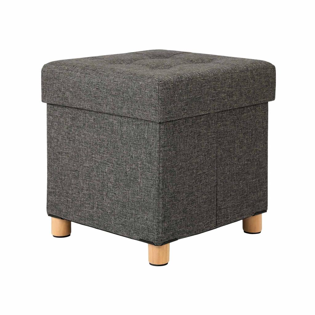 SONGMICS Collapsible Cube Ottoman Storage and Foot Stool with Wooden Feet and Lid Dark Grey