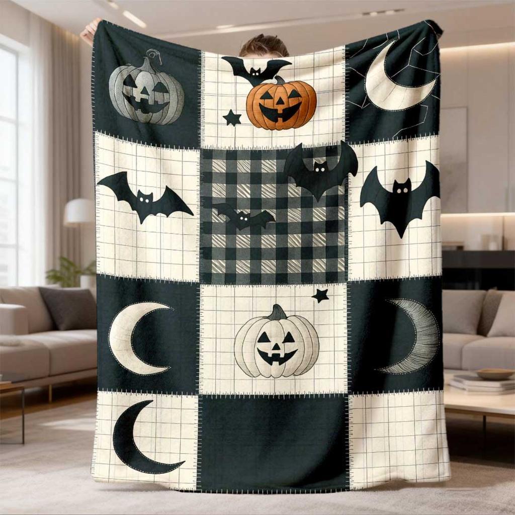 1pc Spooky Pumpkin, Bats, Crescent Moon Flannel Blanket | Soft, All-Season Cozy Throw for Bed, Couch, Camping, Travel, Lightweight & Warm, Perfect for