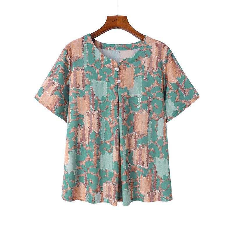 Plus Size 6XL 7XL Women Mother Summer Round Neck Short-sleeved T-shirt Fashion   Ice Silk Top
