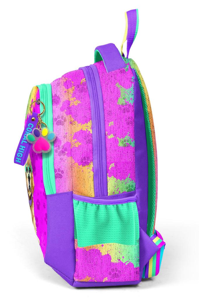 Sac à dos d'école à trois compartiments Coral High Kids à motif chien violet et rose 23649