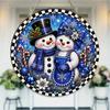 Vintage Blue Snowman Winter Scene Round Wooden Hanging Plaque Holiday Wall Sign Farmhouse Front Door Decor Christmas Festive Home Ornament