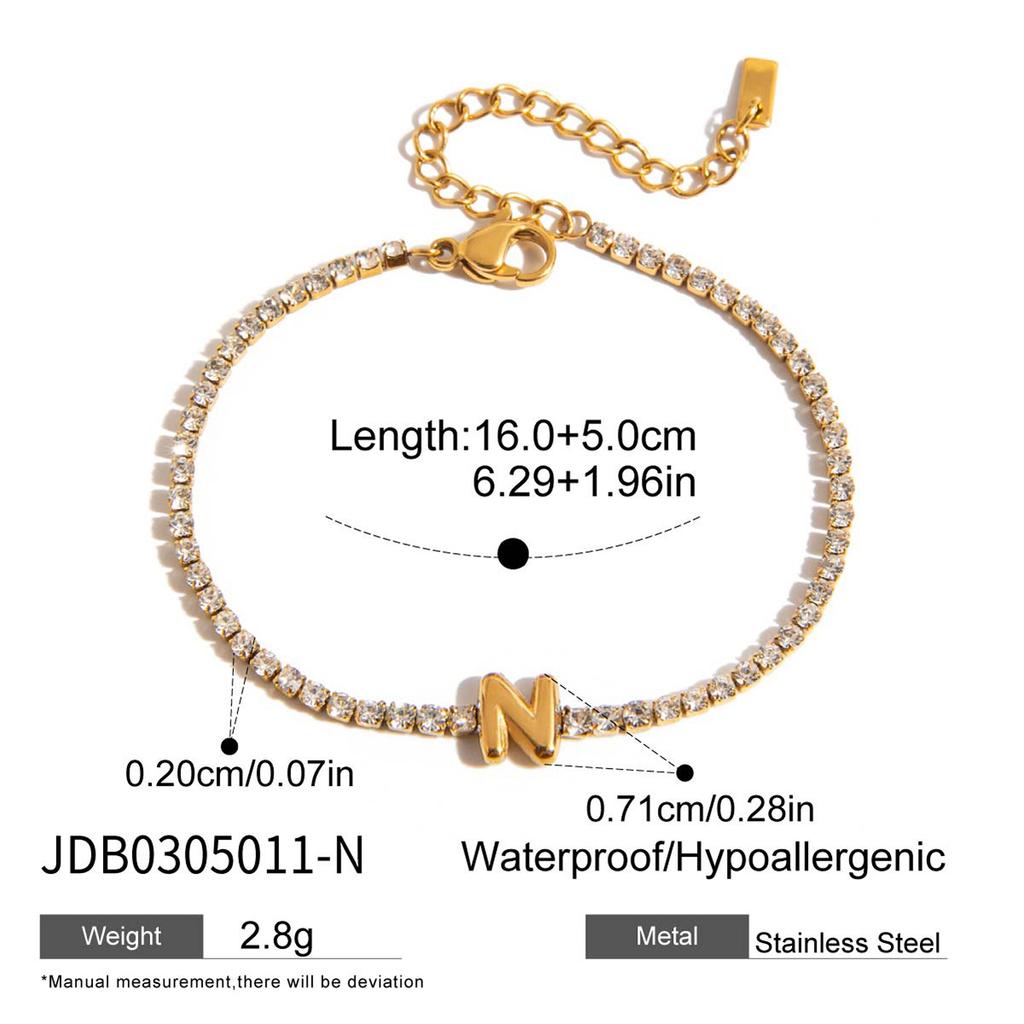 Classic Fashion Style 18K Gold Plated Stainless Steel White Rhinestone Chain Tennis Letter Bracelets for Women Daily Wear