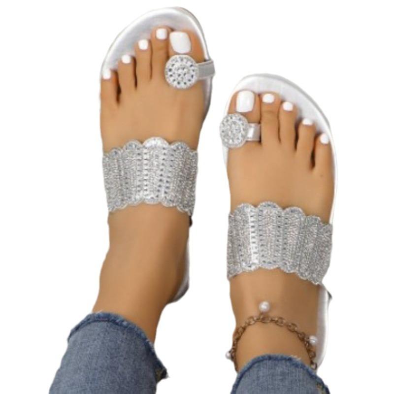 New Summer Women's Slide Slippers, Rhinestone European‑American Plus‑Size Toe‑Loop Flat Beach Shoes