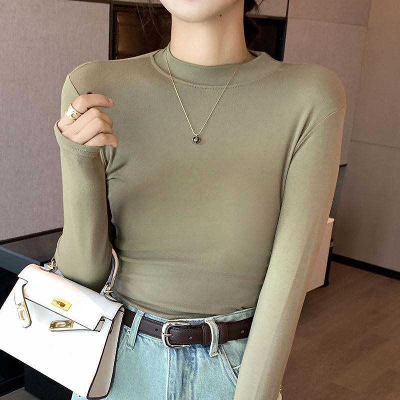 Women's Long Sleeve T-Shirt Base Layer Solid Color Undershirt with Half-High Neck Crew Neck and Small Stand Collar