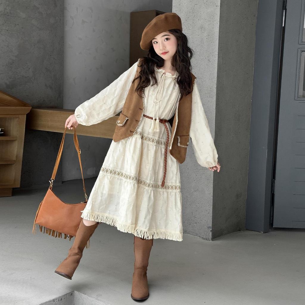 Girls' Autumn British Retro Vest & Ruched Long Dress Two-Piece Set