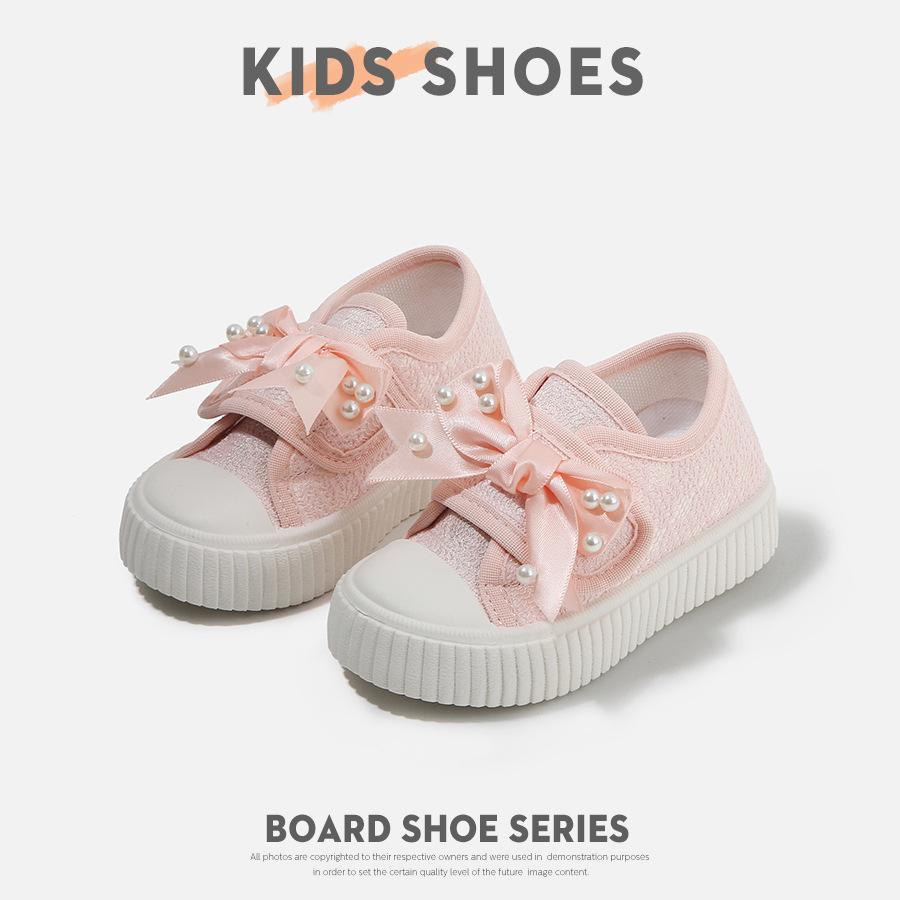 

2025 Весна и Осень Детская парусиновая обувь Мягкая подошва Мягкая поверхность Обувь для девочек на доске Бант Жемчуг Липучка Детская мода 25 розовый