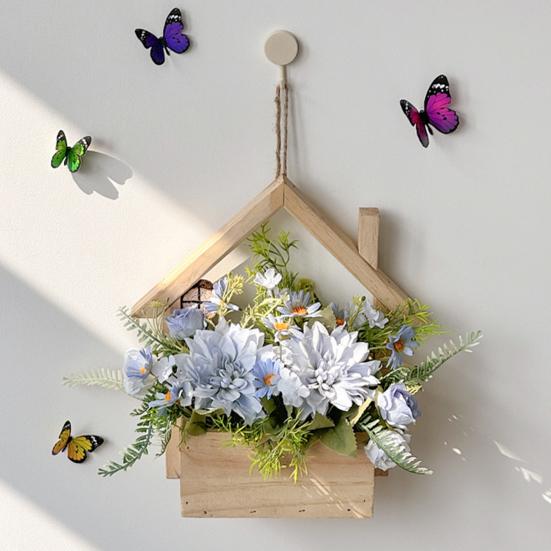 Wood Wall Planter with Artificial Plants, LED Lighted Rustic Farmhouse Wall Decor, Hanging Fake Plants Flowers Holder Vase for Bedroom Living Room