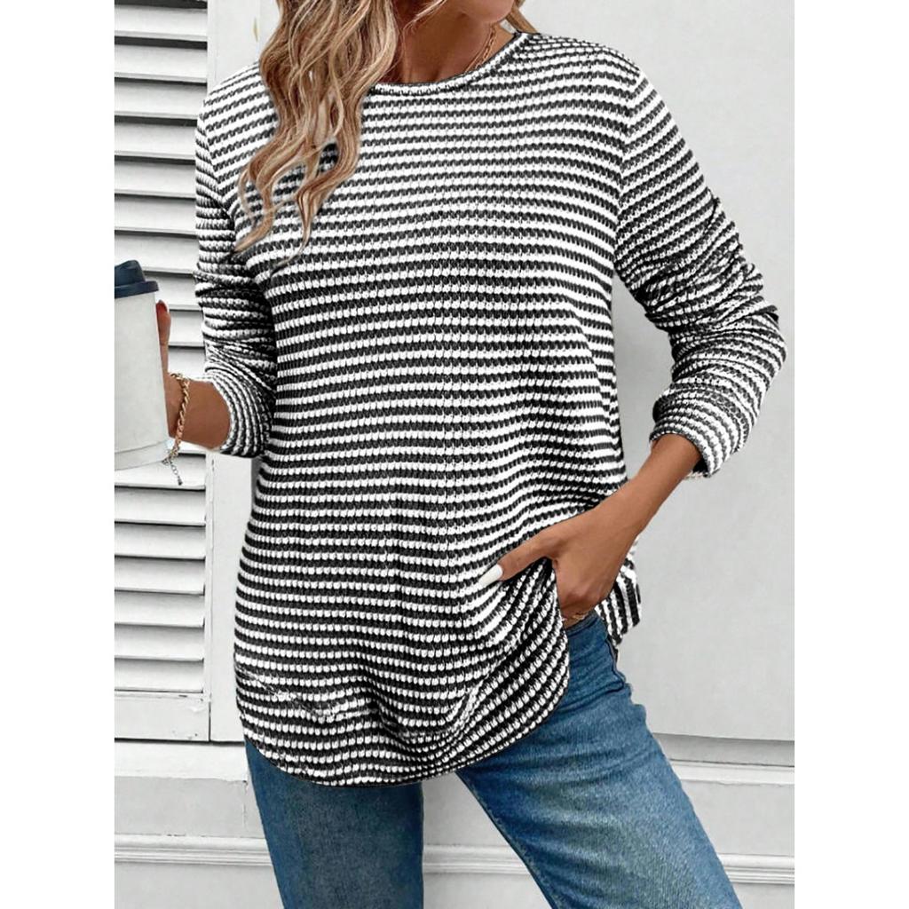Women's Casual Long Sleeve Knit Hollow Stripe Round Neck Pullover T-shirt Top, Autumn Winter Fashion Top for Crossborder