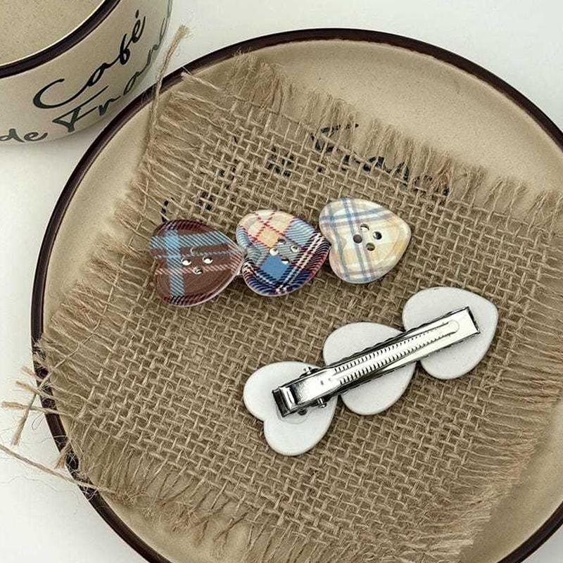 4Pcs Sweet Check Love Button Hair Clip Side Bangs Girly Cute Duckbill Clip For Girls Hair Accessories