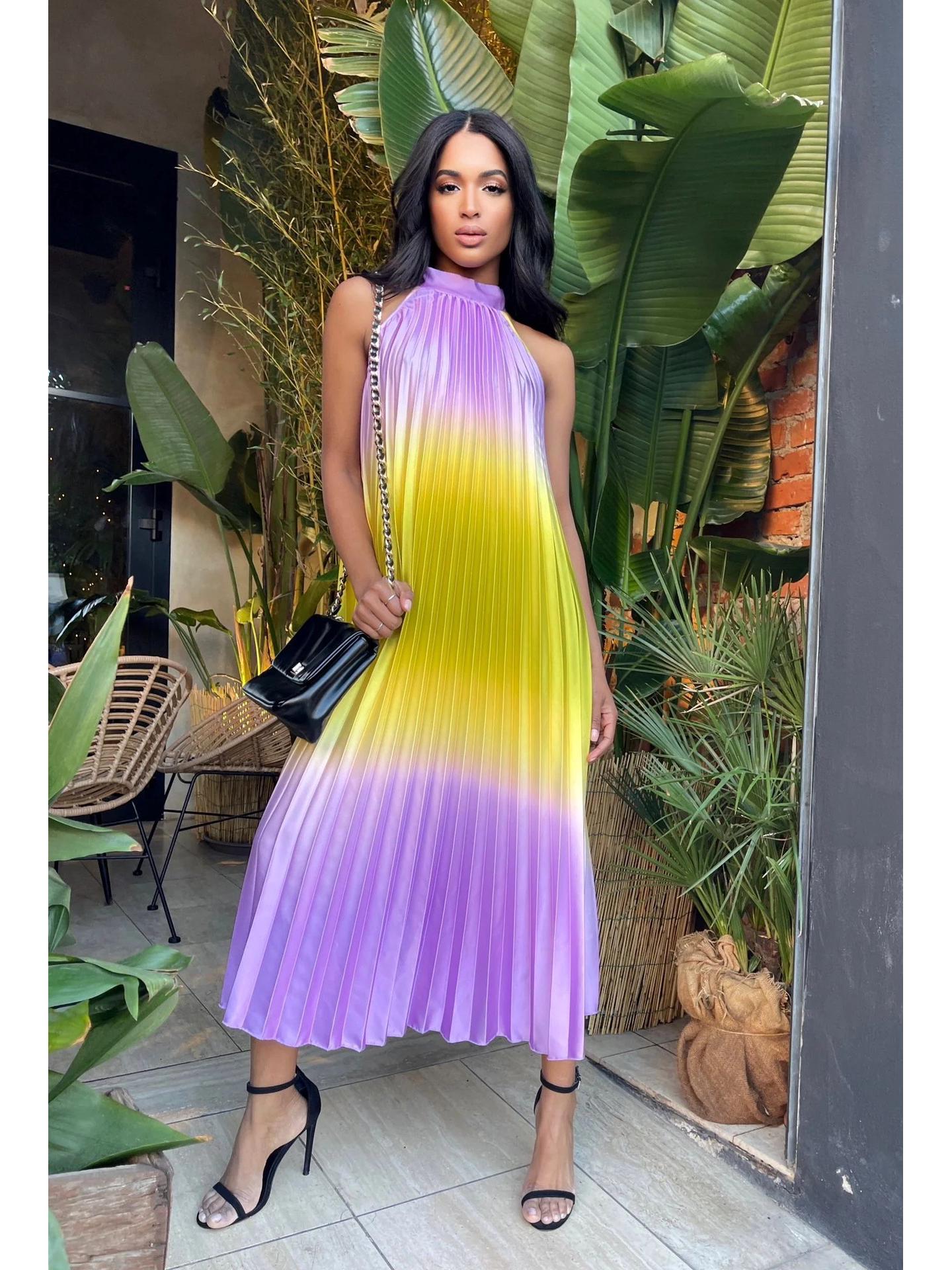 

Женское двухцветное плиссированное повседневное платье без рукавов с круглым вырезом - Модный бестселлер в Европе и Азии S