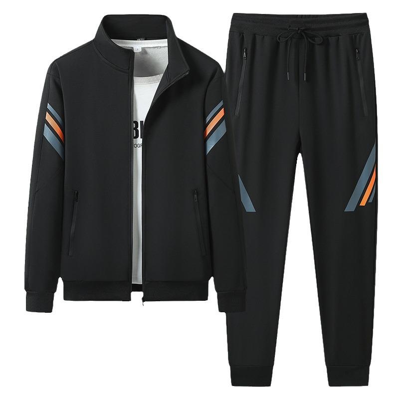 Men's Trendy Plus Size Cardigan & Sweatshirt Two-Piece Set with Stand-Up Collar and Three Stripes Design