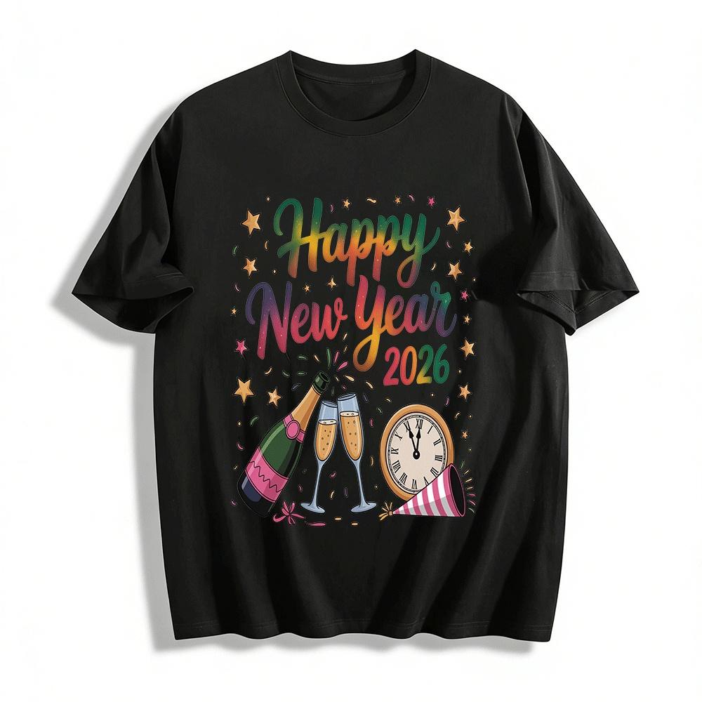 Happy New Year 2026 Party Print Casual Loose Fit Top Pure cotton T-shirt XXS
