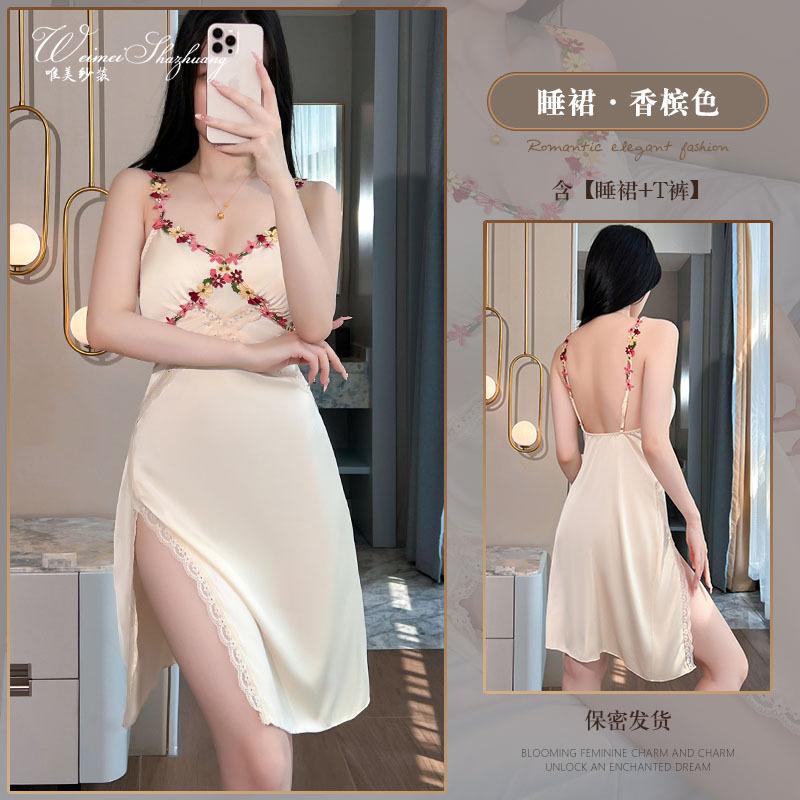 Beautiful yarn sexy side slit suspender nightdress ladies romantic flower suspender deep V lace nightdress M шампанского