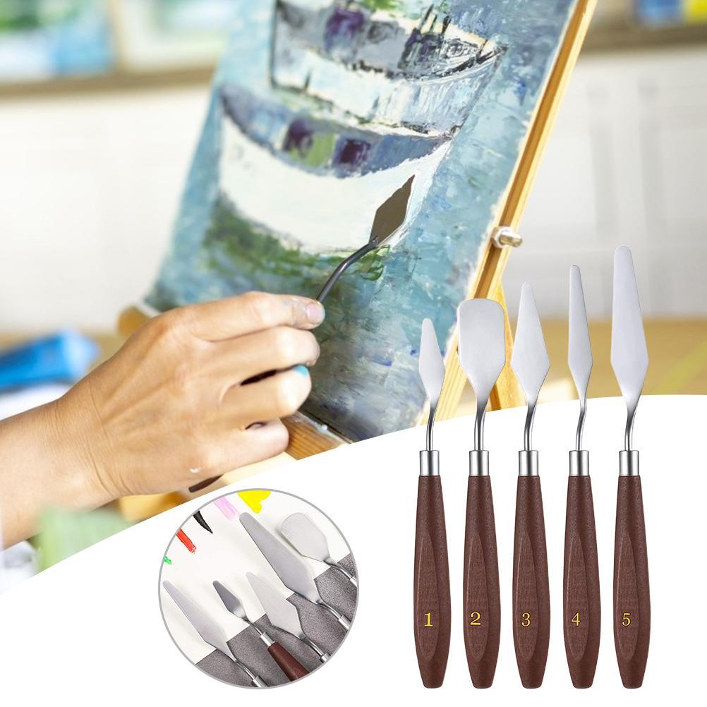 5Pcs Artist Painting Palette Oil Painting Mixing Scraper Stainless Steel Wood Oil Paint Spatula Set