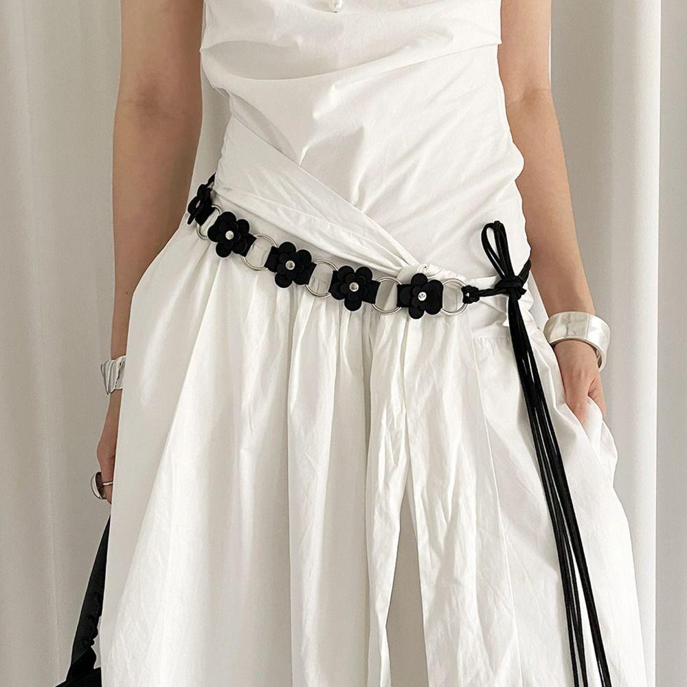 Double Small Flowers PU Leather Belt Adjustable Strap Waist Rope New Waistchain  Women Girls