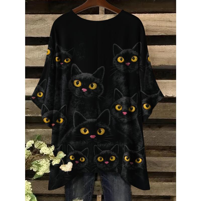 Big-eyed cat pattern all over printed raglan short sleeves S