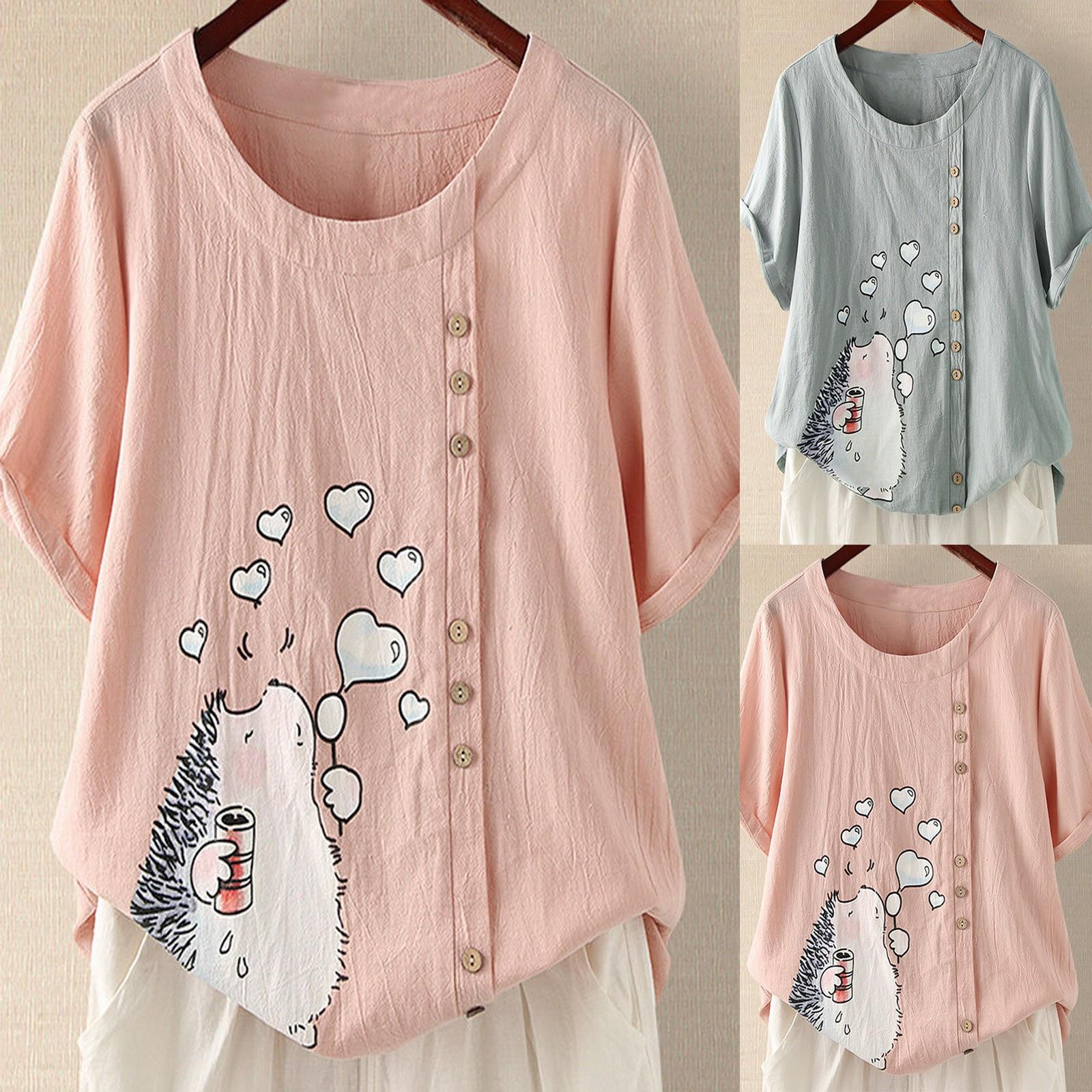 

Women s Summer Casual Round Neck Short Sleeve Print Loose Shirt Tops