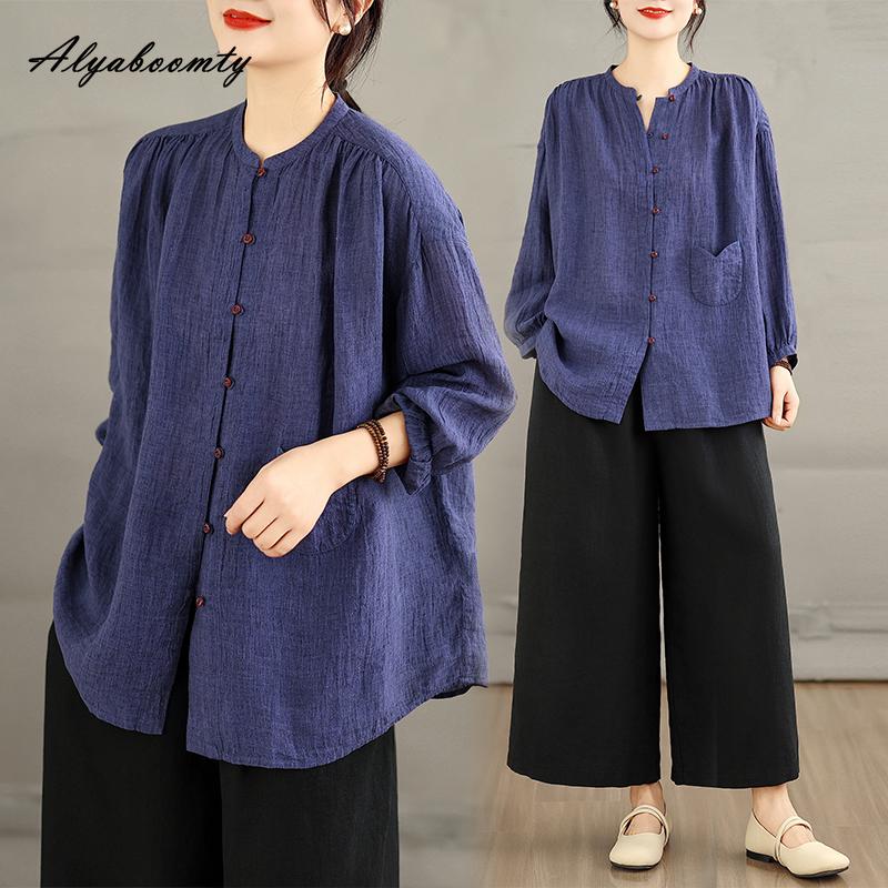 2026 New Spring Autumn Women Casual Loose Blouse O Neck Navy Blue Baggy Shirt Basic Ladies' Brief Oversized Cotton Korean Style Blouse