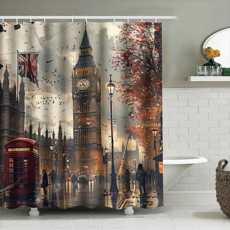 Wunderschöner Stadtlandschaft Duschvorhang mit ikonischen Londoner Wahrzeichen wie Big Ben Hochauflösender Druck Badezimmerdekor mit Haken