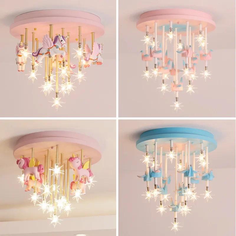 36W Blue Pink Kids Ceiling Light Children Child Room Resin Horse Paper Crane Princess Girl Boy Cute LED Bedroom Ceiling Lamp G4