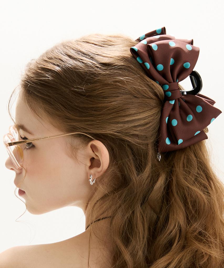 Vvv Satin Dot Double Ribbon Hair Clip _ Brown