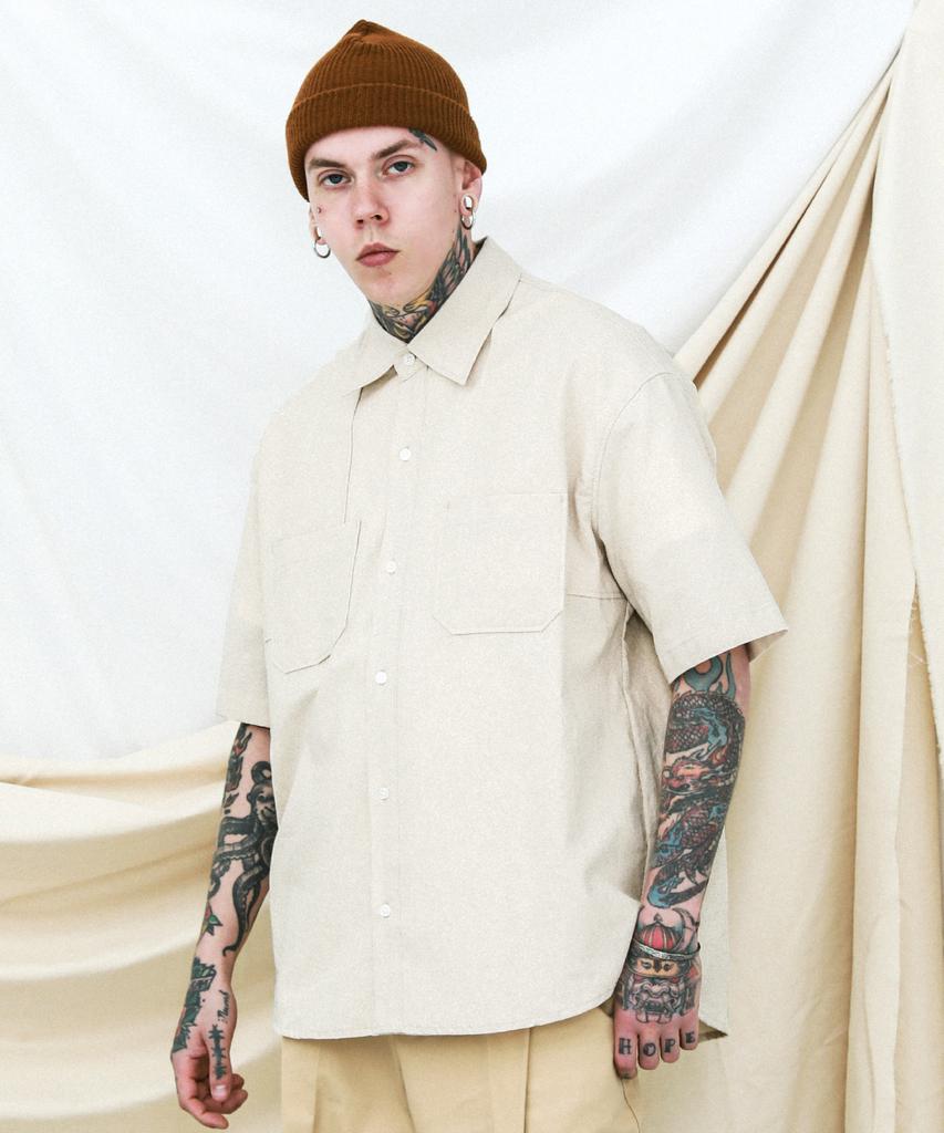 STAGE NAME Vintage Washed Cotton Double Shoulder Short Sleeve Shirt_L Beige