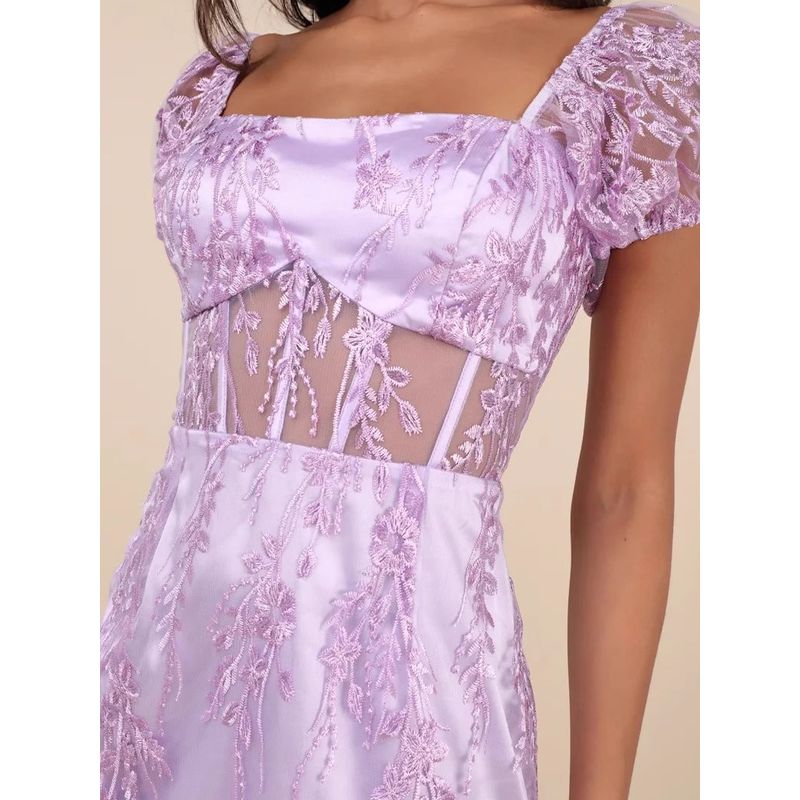 Foreign Trade Order Lu's Home Fashion Summer New Elegant Purple Lady Sexy Mesh Perspective Embroidery Gyaru Dress