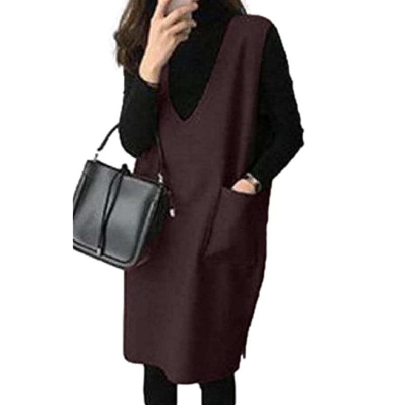 

[1/2style] Nibun noichi style jumper skirt v neck one piece tight knit pocket commute office ladies (wine, L)