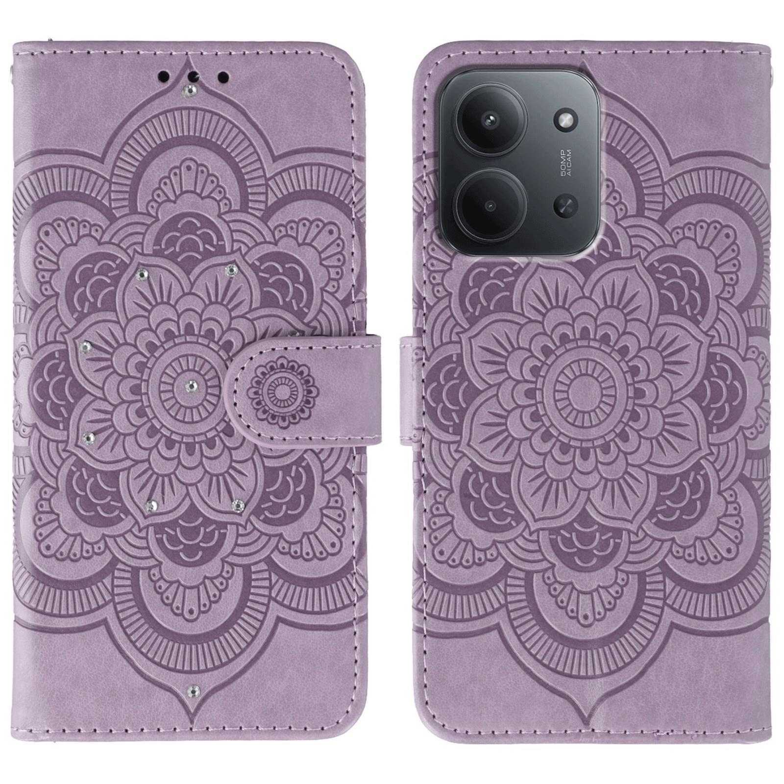 

For Xiaomi Redmi 15C 4G (Global) (171mm)/Poco C85 4G Case Rhinestone Decor PU Leather Mandala Imprint Phone Cover with Wrist Strap Purple