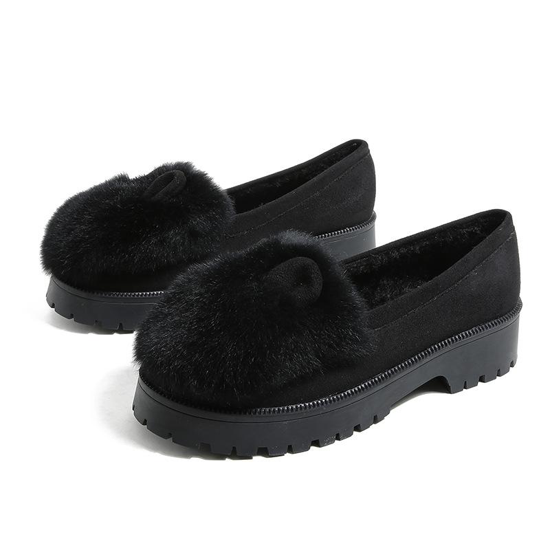 2025 Winter Loafers Women Thick Heel Warm Plush Women's Shoes Platform Thicken Rabbit Fur Cotton Shoes Indoor Home Shoes Women