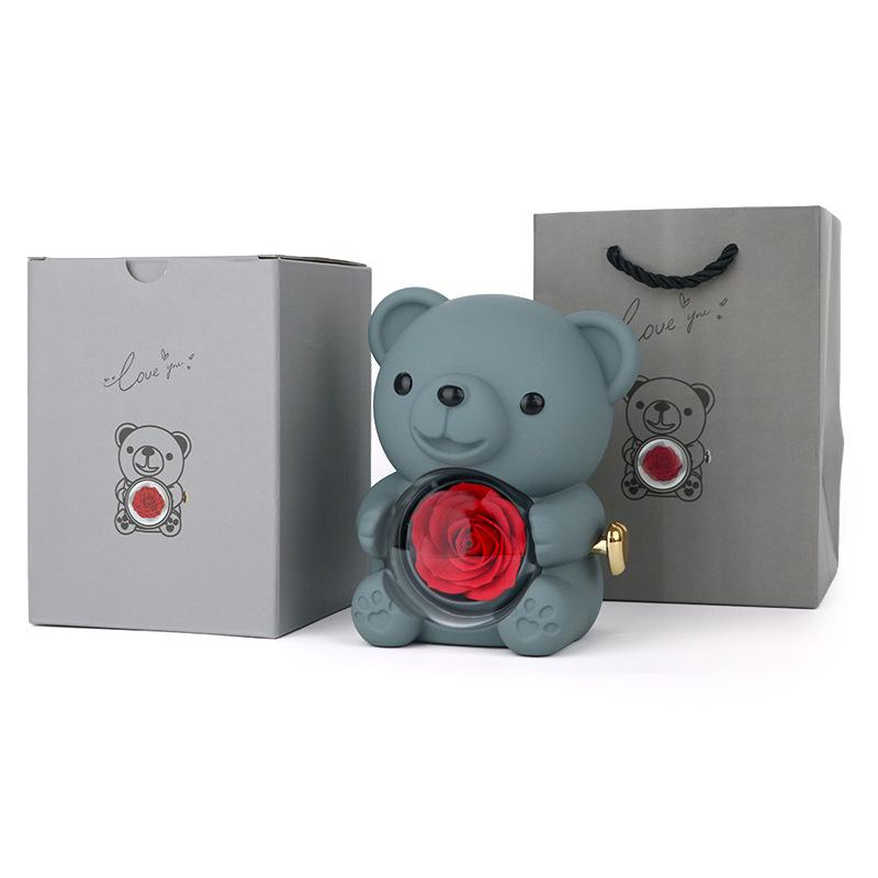 Rotating Acrylic Jewelry Box with Teddy Bear & Eternal Rose for Valentine's Day