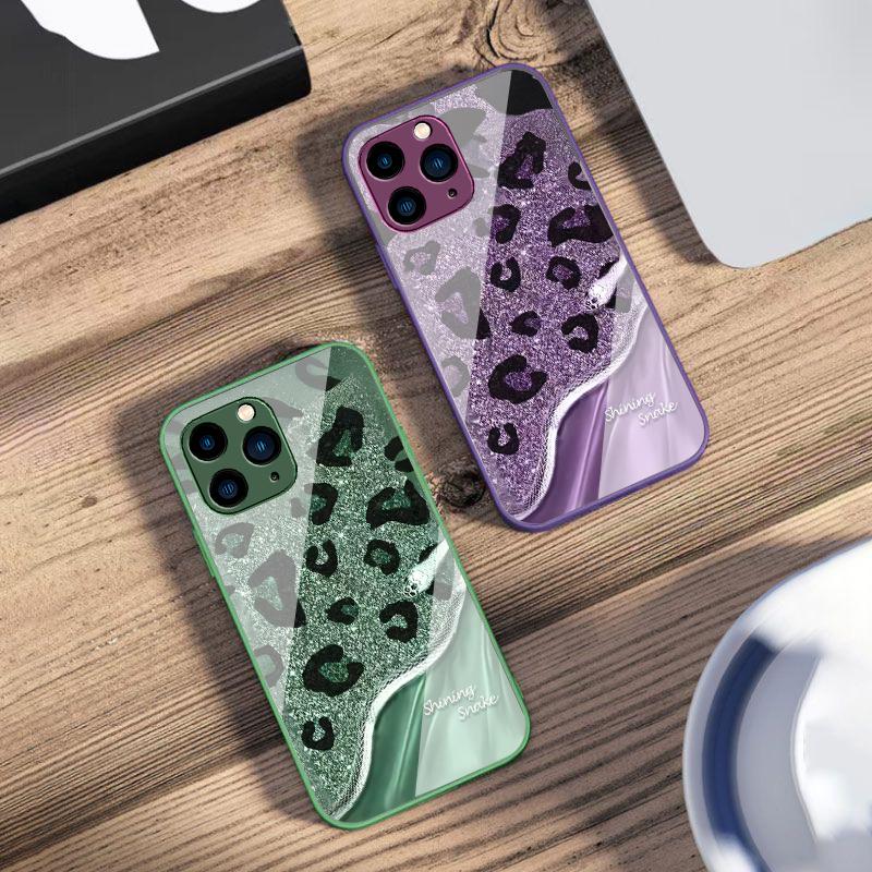 Leopard Sequin Snake For IPhone 16 Pro Max 15 Pro 14 13 12 Mini 11 XS Max XR 7 8 Plu SE 2022 Tempered Glass Phone Case