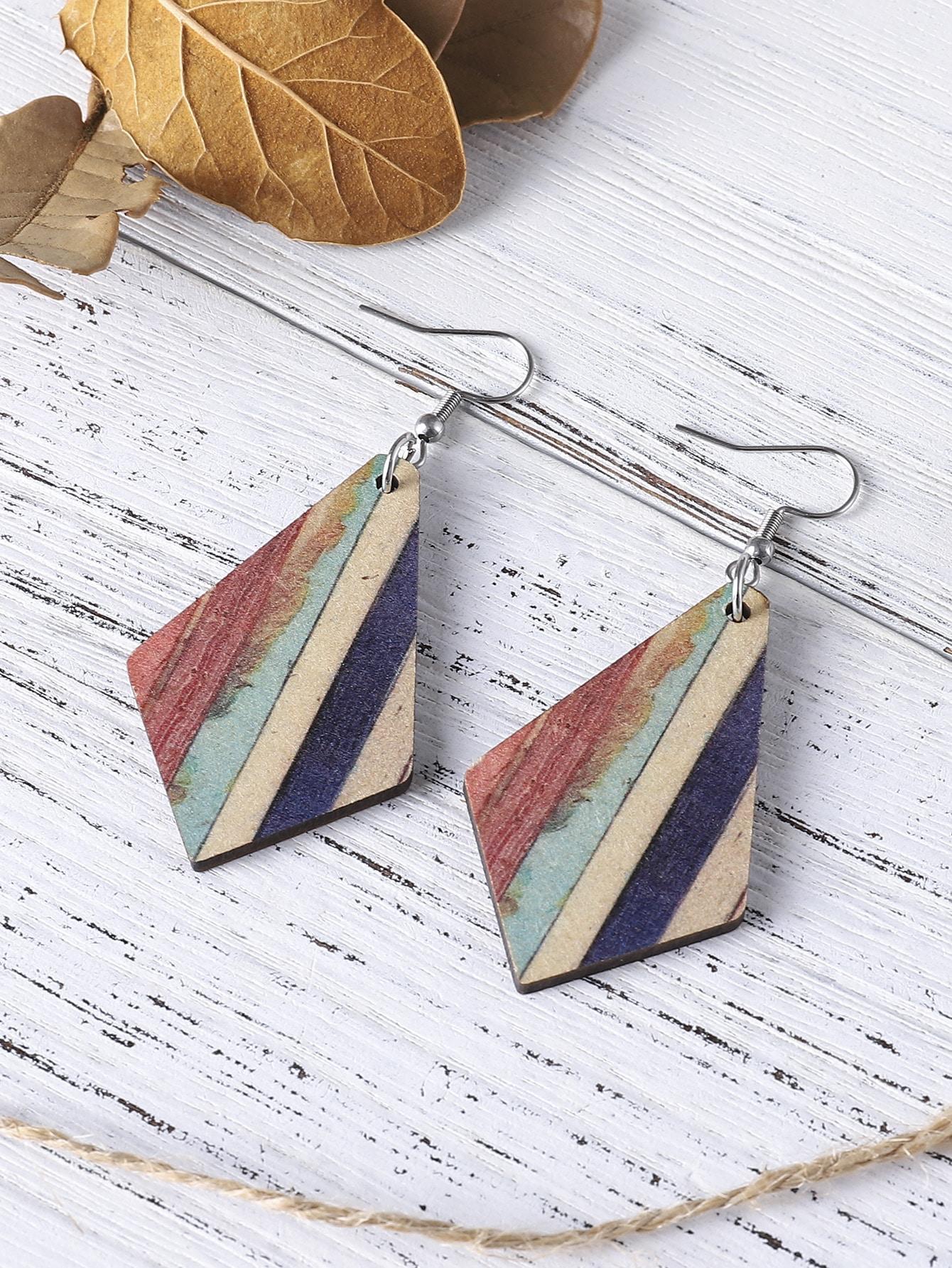 

1 пара серег-подвесок в стиле ретро-бохо с полосатым геометрическим узором под дерево, двусторонние, с геометрическими подвесками в стиле колор-блок