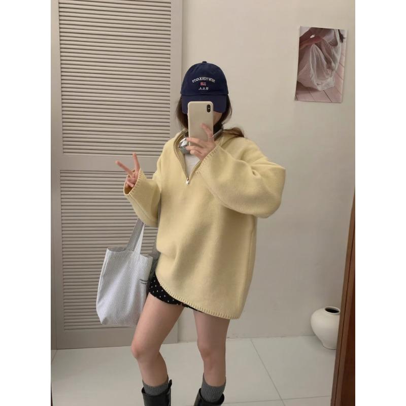 

Autumn and winter new simple casual semi-zipper knitted sweater women s basic loose and thin hooded pullover sweater One Size