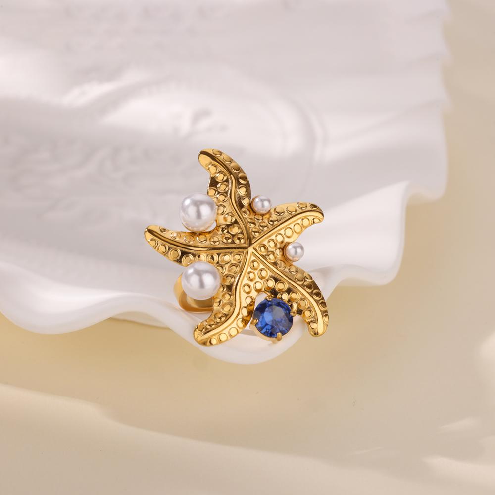 Stainless Steel Starfish Open Rings for Women Girls Fashion Imitation Pearl Ring Trendy Wedding Aesthetic Party Jewelry Gift