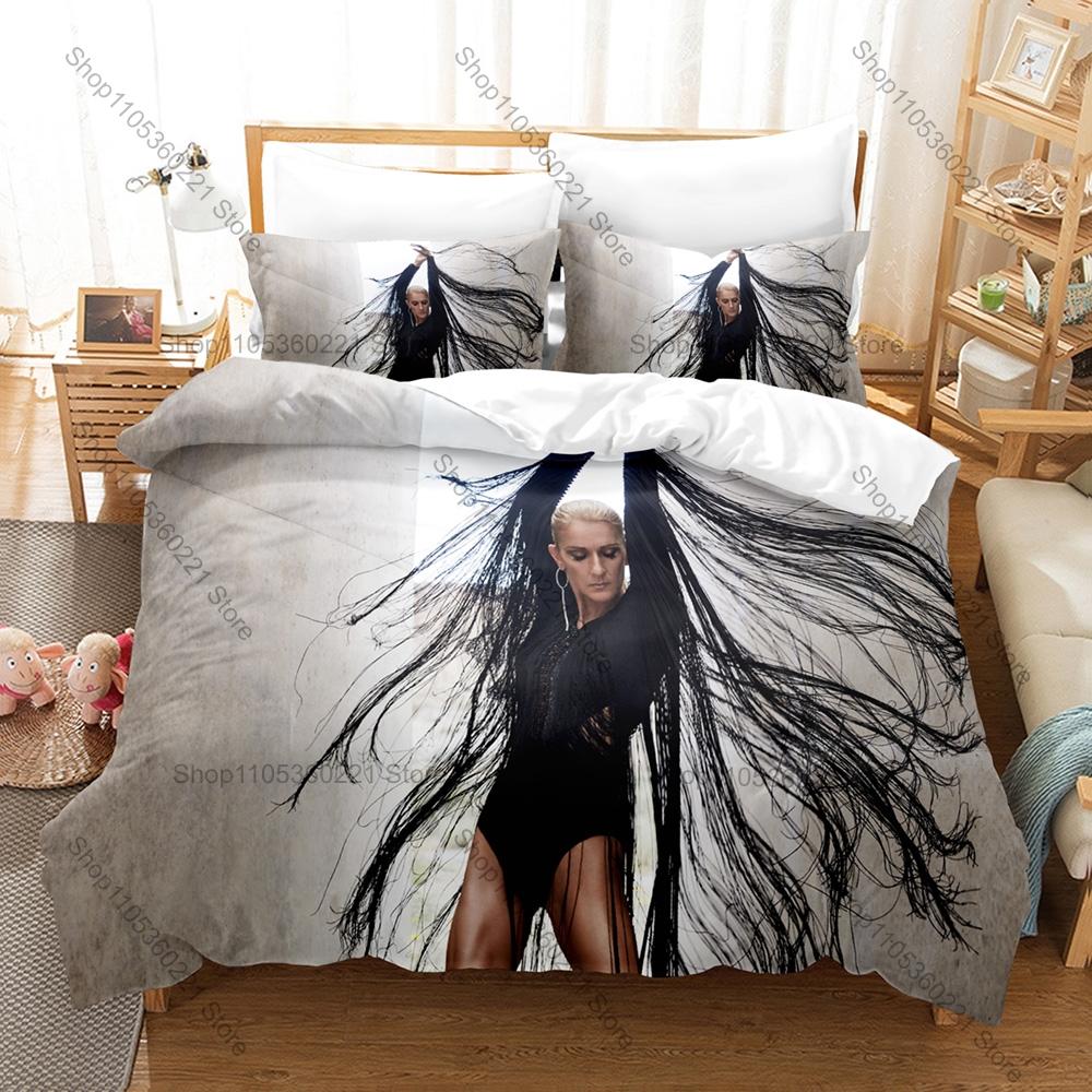 Celine Dion World Tour Singer Print Bedding Set Soft Polyester Duvet Cover + 2 Pillowcases For Pop Music Fans Bedroom Decor