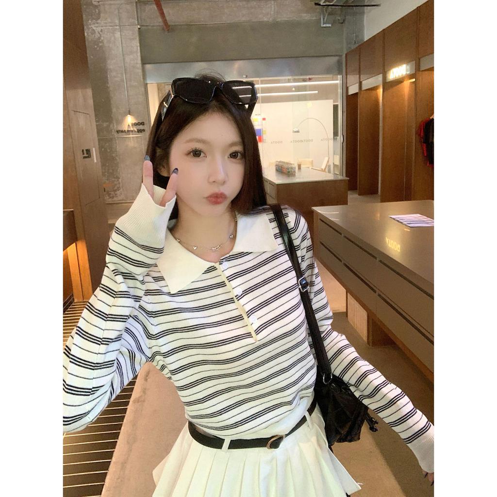 Button polo collar contrasting striped short top women's autumn and winter versatile knitted sweater backing sweater