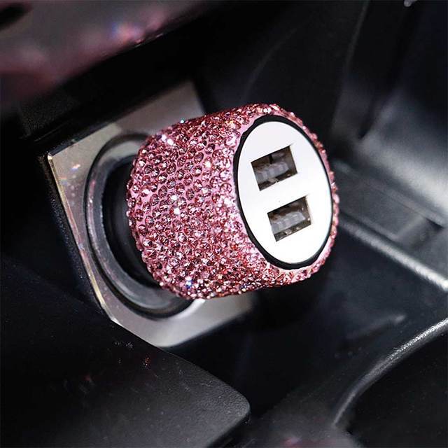 Nuevo Cargador de Coche con Puerto USB Dual de Carga Rápida Seguridad Automóvil Decoración de Coche Rosa Accesorios de Decoración para Coche Brillante para Niñas